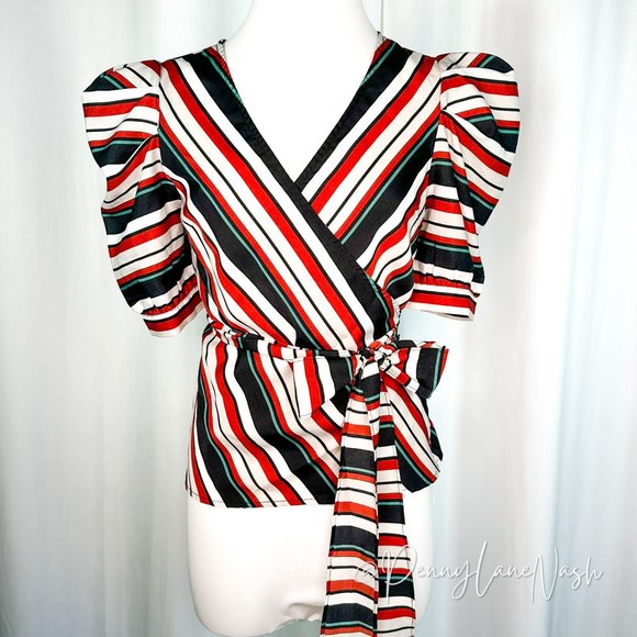 Flying Tomato Tops - A Calin by Flying Tomato Puff Sleeve Striped Wrap Top